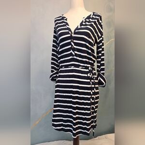 Navy White Jersey 3/4 Rolled Sleeve Tie Waist Button Front V Neck Nautical Dress